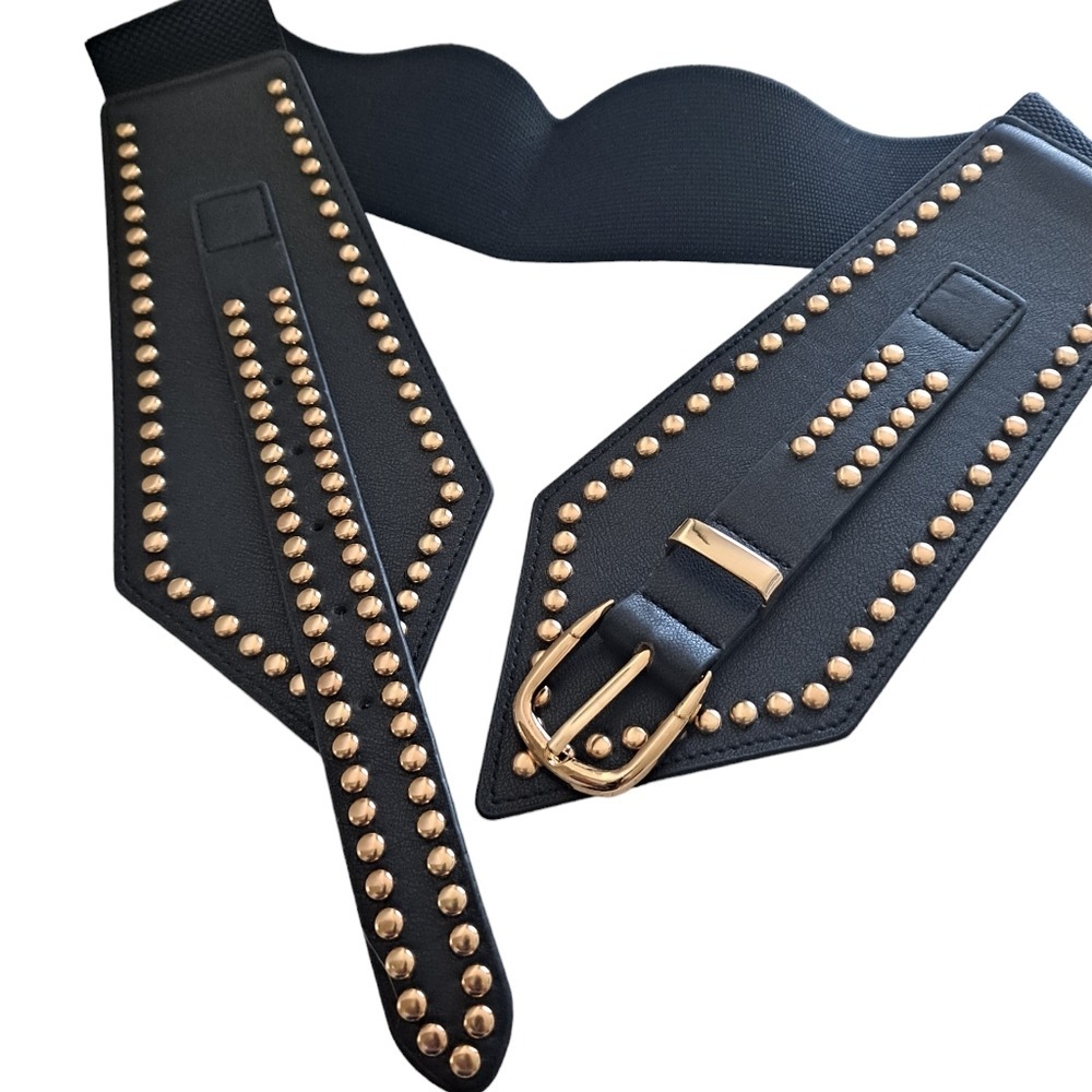 Wide black faux leather gold buckle studded Belt corset stretch punk Statement - Picture 8 of 10